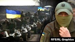 Колаж. Кримчанин, військовослужбовець 65-ї ОМБр із позивним «Кузьмич», на тлі – колона бронетехніки ЗСУ