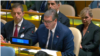 Serbian President Aleksandar Vucic speaks at the UN General Assembly on May 23.