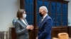 Belarusian opposition leader Svyatlana Tsikhanouskaya (left) meets with U.S. President Joe Biden at the White House on July 28.