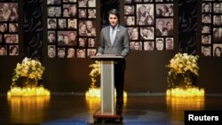 Canadian Prime Minister Justin Trudeau at a memorial service to remember the victims of a Ukrainian airliner shot down in Iran in 2020.