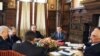 President Dmitry Medvedev (second from right) at the roundtable discussion with Moldovan President Vladimir Voronin (left) and Transdniestrian leader Igor Smirnov (right) outsude Moscow on March 18