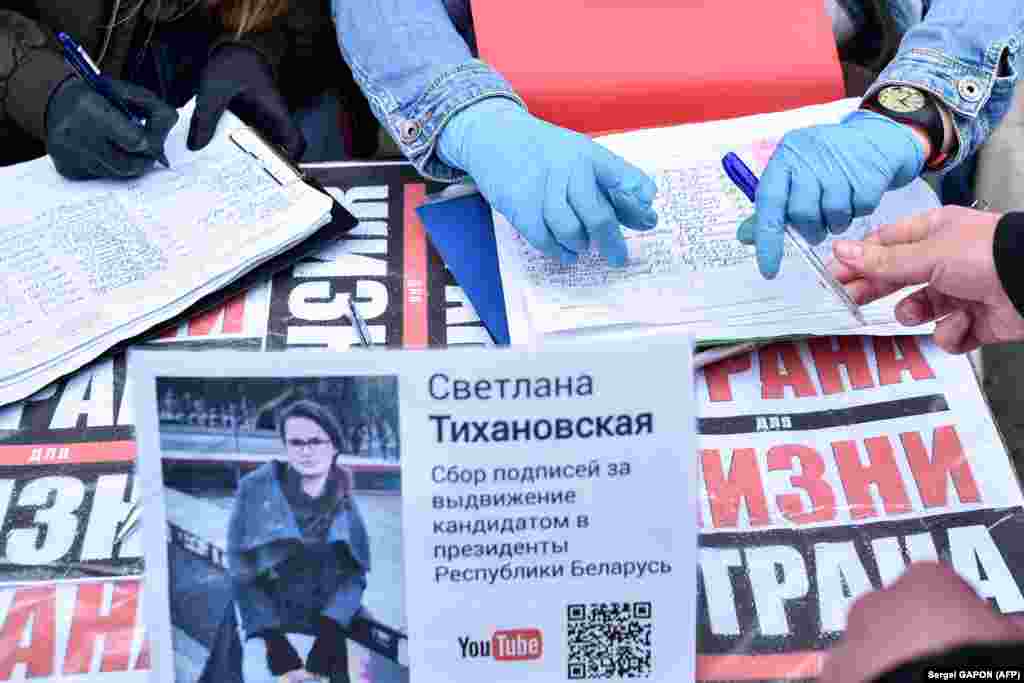 Women collect signatures for alternative candidates in Minsk, ahead of Belarus’s presidential election in August.  