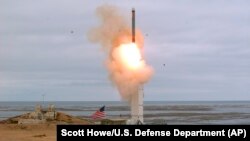 An August 18 photo provided by the U.S. Defense Department shows the launch of a conventionally configured ground-launched cruise missile on San Nicolas Island off the coast of California. 