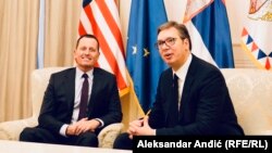 U.S. presidential envoy Richard Grenell (left) with Serbian president Aleksandar Vucic in Belgrade on October 10.