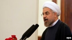 Iranian President Hassan Rohani speaks during a ceremony to mark celebrations of Norouz in Kabul on March 27.