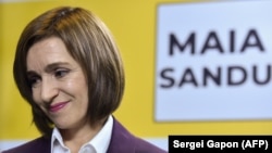 Maia Sandu speaks to the press in Chisinau on November 16 following her victory in Moldova's presidential election.