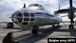 A Russian Antonov airplane on the tarmac at a Brussels military airport, pictured in 2002. The Antonov was about to fly over NATO territory as part of the Open Skies Treaty.