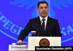 Sadyr Japarov takes the oath of office during his inauguration ceremony in Bishkek on January 28.