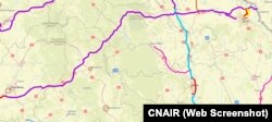 Autostrada A8, între Târgu Mureș-Tg. Neamț-Iași-Ungheni (linie mov, orizontală) are 304 kilometri. La Pașcani (linie verticală, albastru deschis), se intersectează cu autostrada A7 Pașcani-Ploiești.